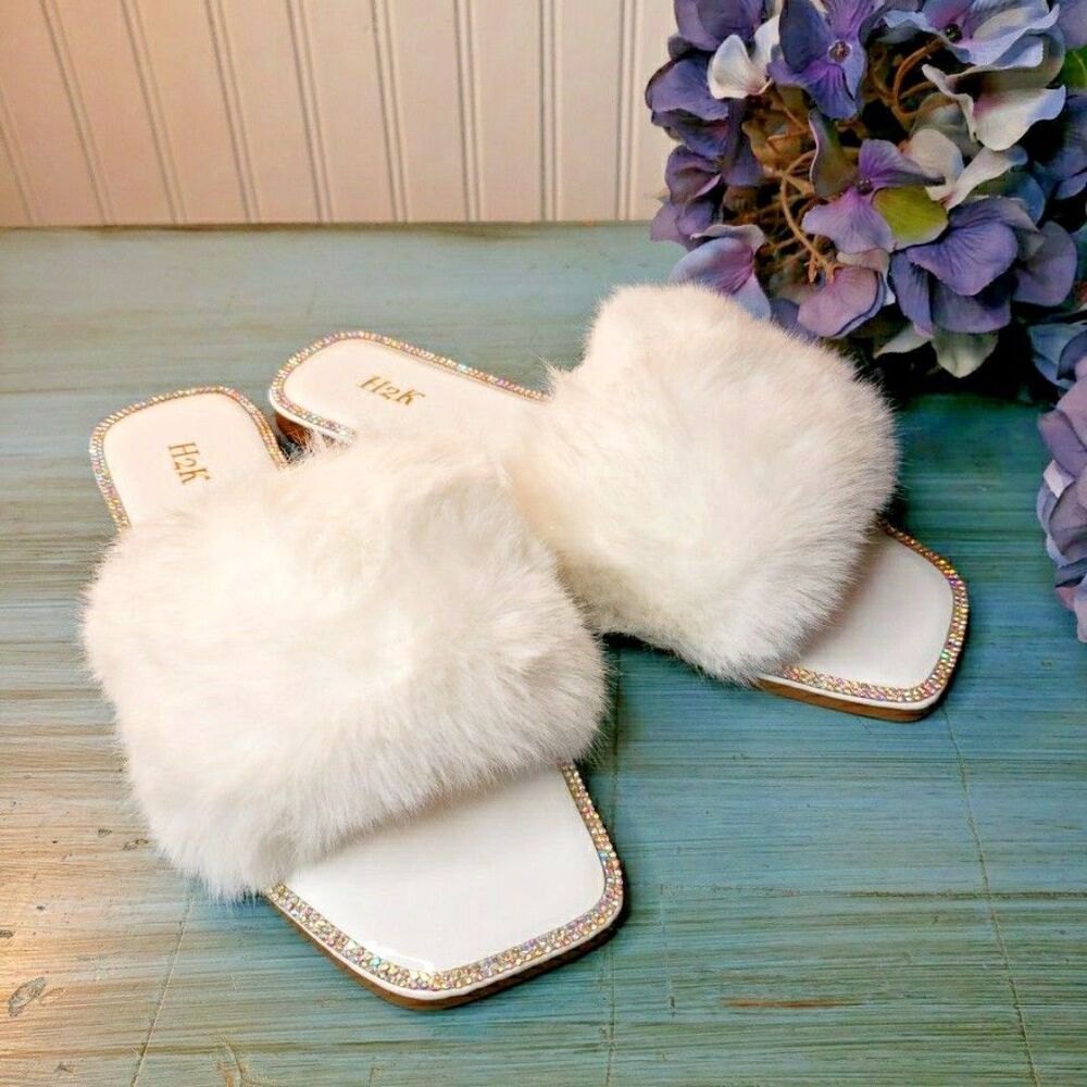 White Faux Fur Fuzzy Slippers Rhinestone Slides Sandals Wedding Day Womens US 8